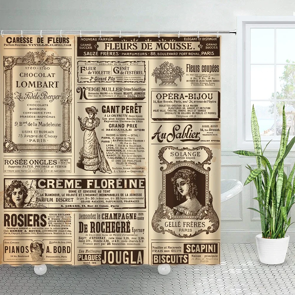 Vintage Old Newspaper Shower Curtains France Paris Tower Periodic Table Bath Curtain Retro Fabric Print Home Bathroom Decor Sets