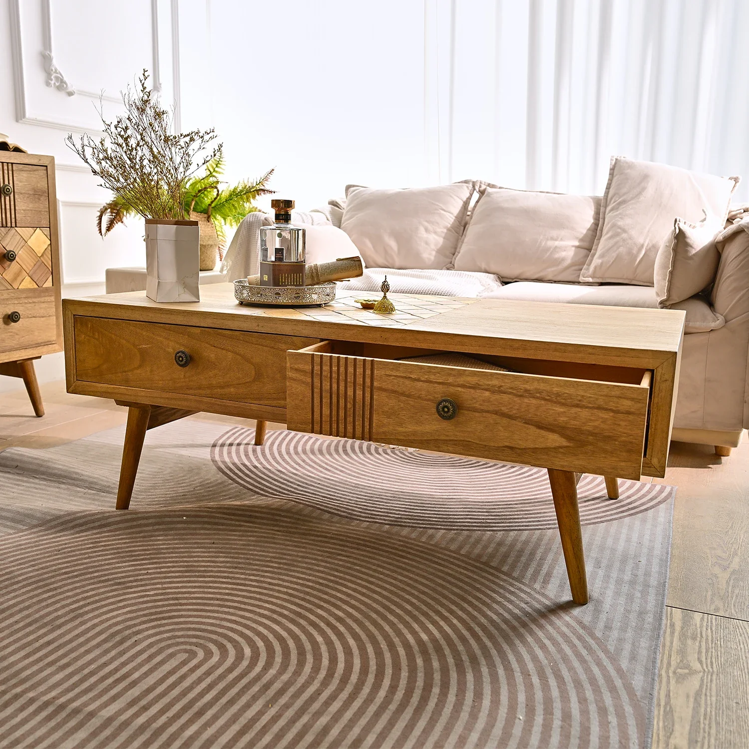 INNOVA Modern Style Solid Wood Coffee Table with Storage Drawer Hand Carved Natural Style Living Room Furniture