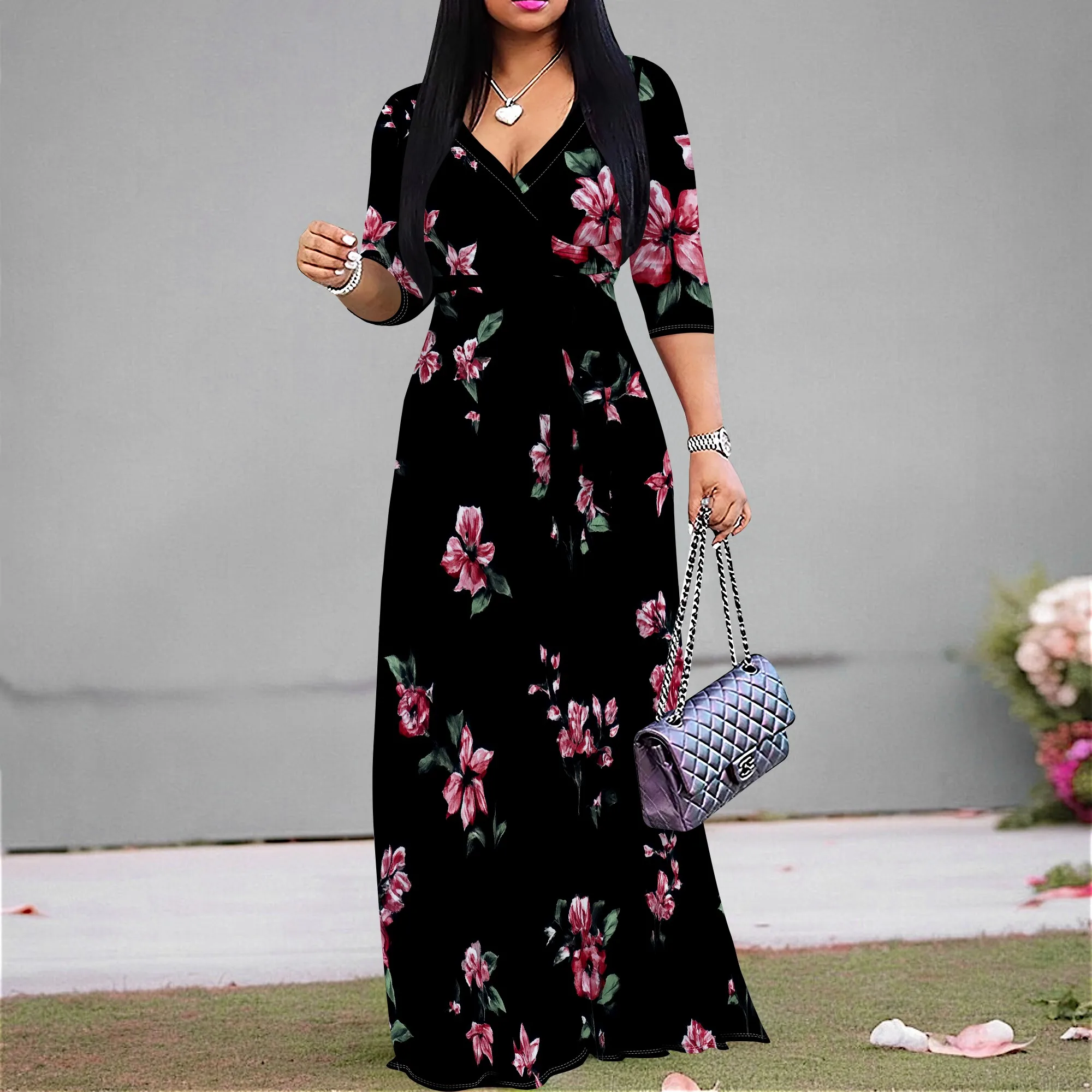 

Black Pink Floral Print Maxi Dress S‑3XL V‑Neck Wrap Style with Belt & 3/4 Sleeves for Garden Party, Spring Date or Dinner Look
