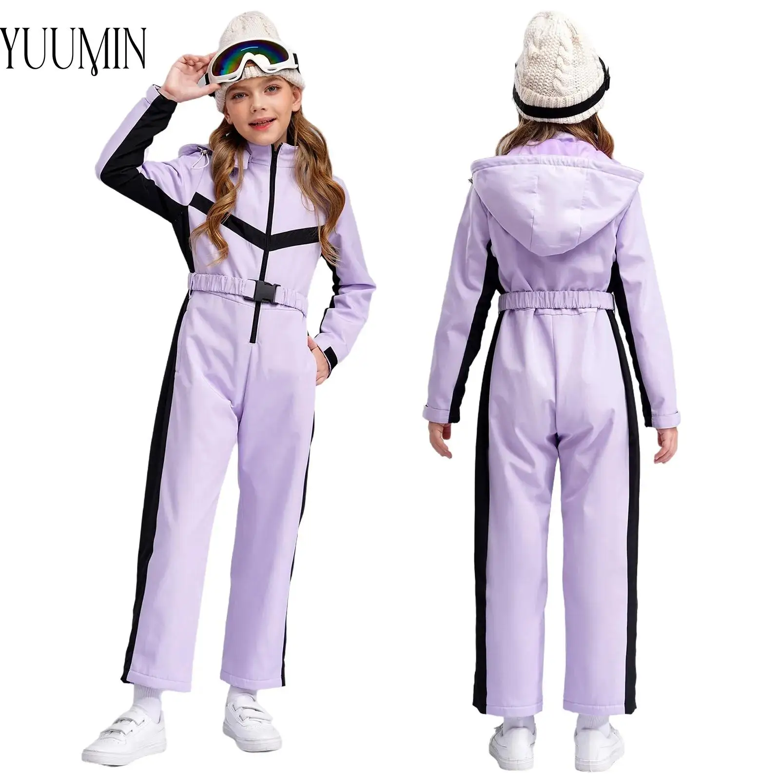 Kids Girls Color Block Ski Jumpsuit Hooded Bodysuit Snowsuit+Belt Skating Dance Outdoor Snow Sports Skiing Snowboarding Costumes