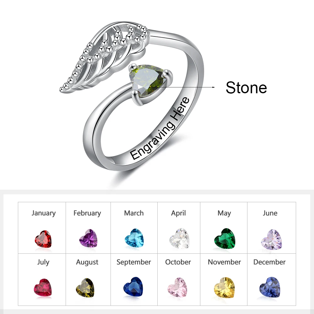 Silver Color Personalized Engraved Ring with Heart Birthstone Custom Angel Wing Rings for Women Anniversary Gifts for Her