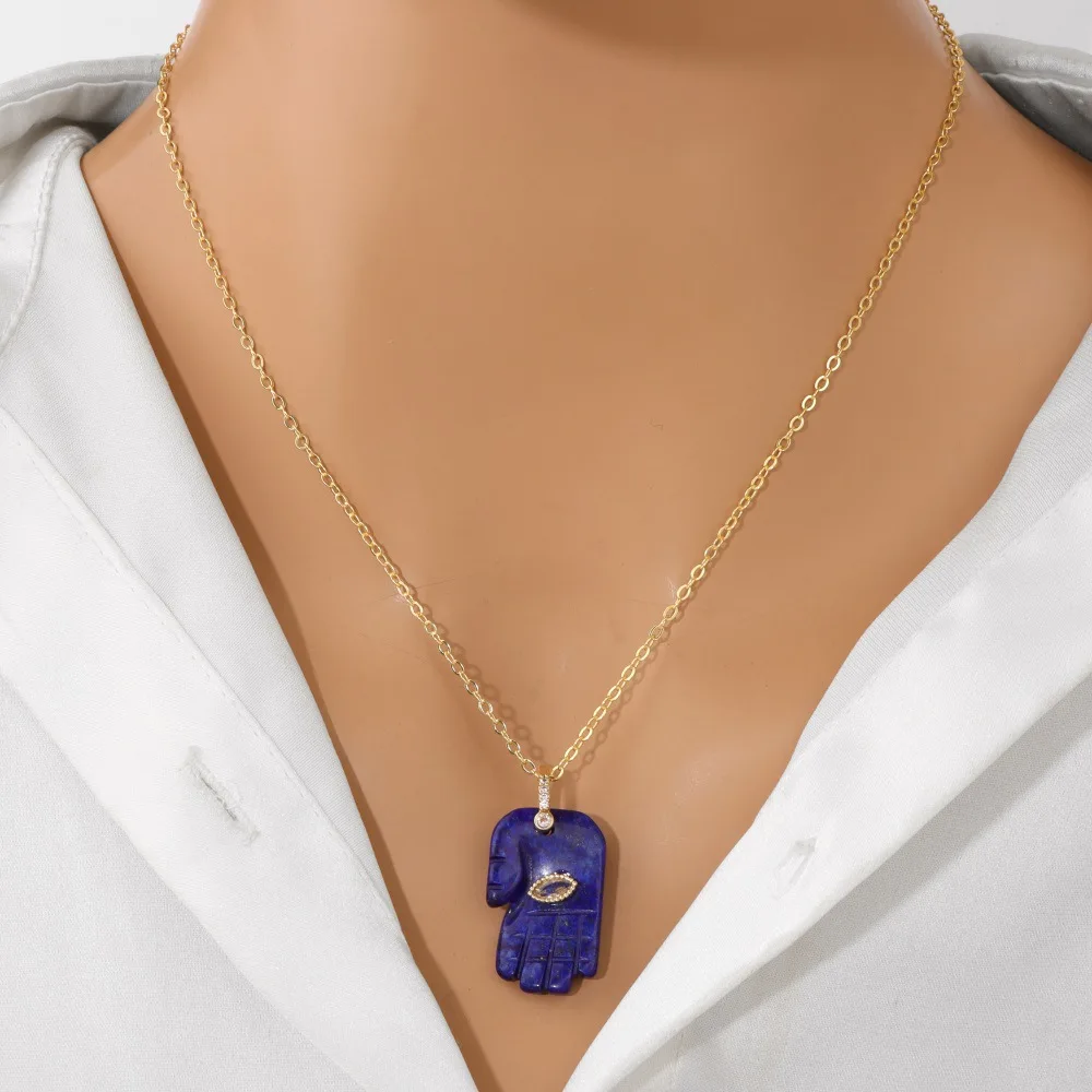 1pc Fashion Hand Shape Nature Stone Pendant Necklace With Zircon Lucky Eyes Jewelry Necklace for Women Men