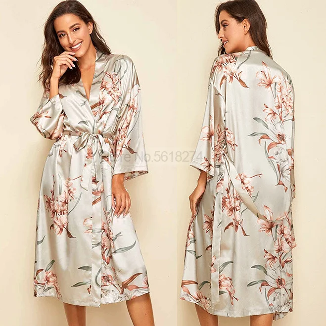 Camisón y bata con estampado de flores para mujer, ropa de dormir Sexy, Kimono de satén, bata de baño, lencería íntima, camisón sedoso