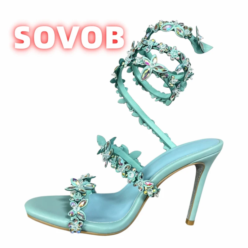 Women’s Floral Crystal Stiletto Heels, Handmade 3D Rhinestone Flower Wraparound Sandals,Ankle Strap High Heel Pumps for Bridal