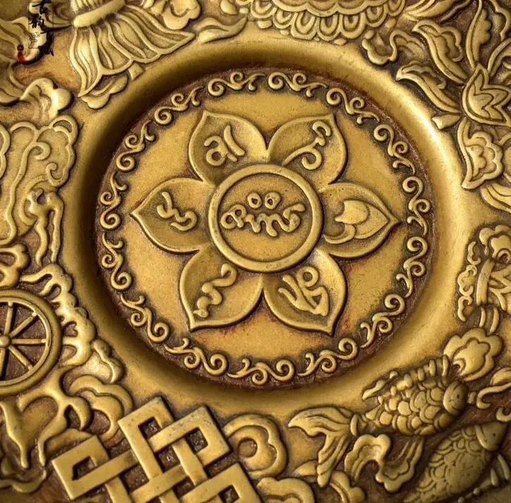 Collection Chinese Brass Carved Buddhism lucky Plate Dish Exquisite Small Statues