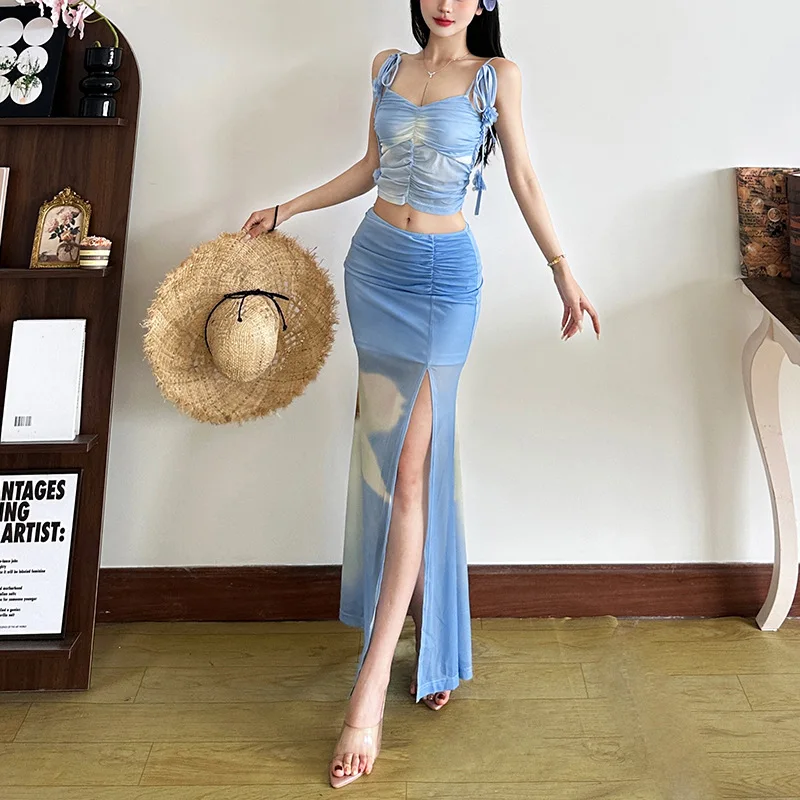 Nuovo top estivo slim fit stampato con lacci con vita alta e gonna a fessura sexy due set da donna