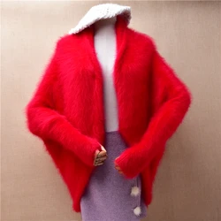 Female Women Fashion Red Hairy Plush Mink Cashmere Knitted Long Sleeves Loose Cardigans Mantle Angora Fur Sweater Jacket Pull