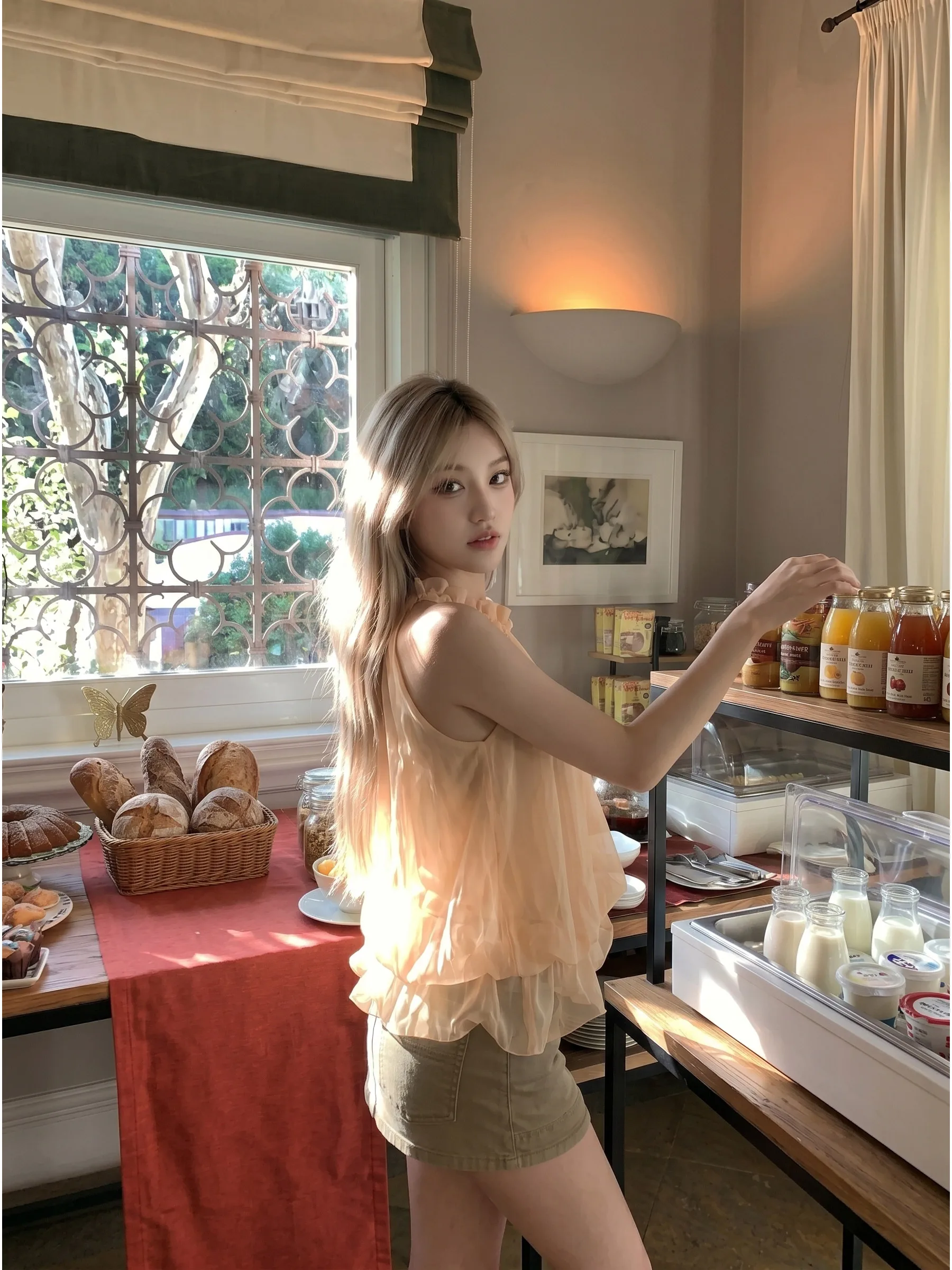Orange Pink Wood Grain Ruffle Neck Strap Vest Women's New 2026 Summer Anti-Aging Slimming Gentle Sweet Top Women's Fashion