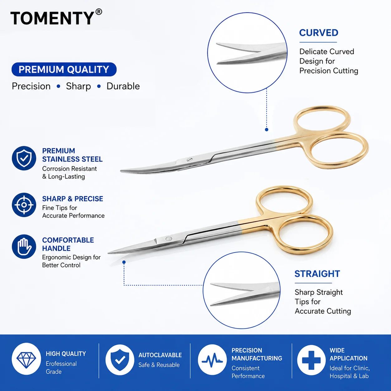 1Pc Tomenty Dental Surgical Scissors Straight Curved Tip Crown Scissors Forceps Stainless Steel Autoclave Dentist Tool Dentistry
