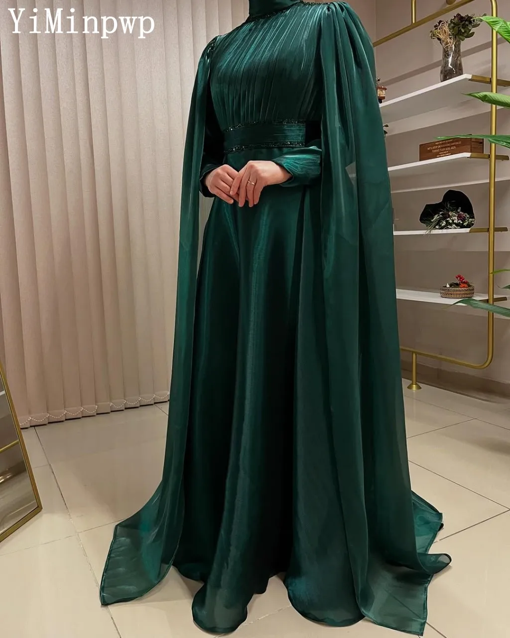 Gaun Malam Arab untuk Hijab Kerah Tinggi Lengan Panjang Lipit Gaun Pesta Pertunangan Pernikahan فساتين سهرة Disesuaikan