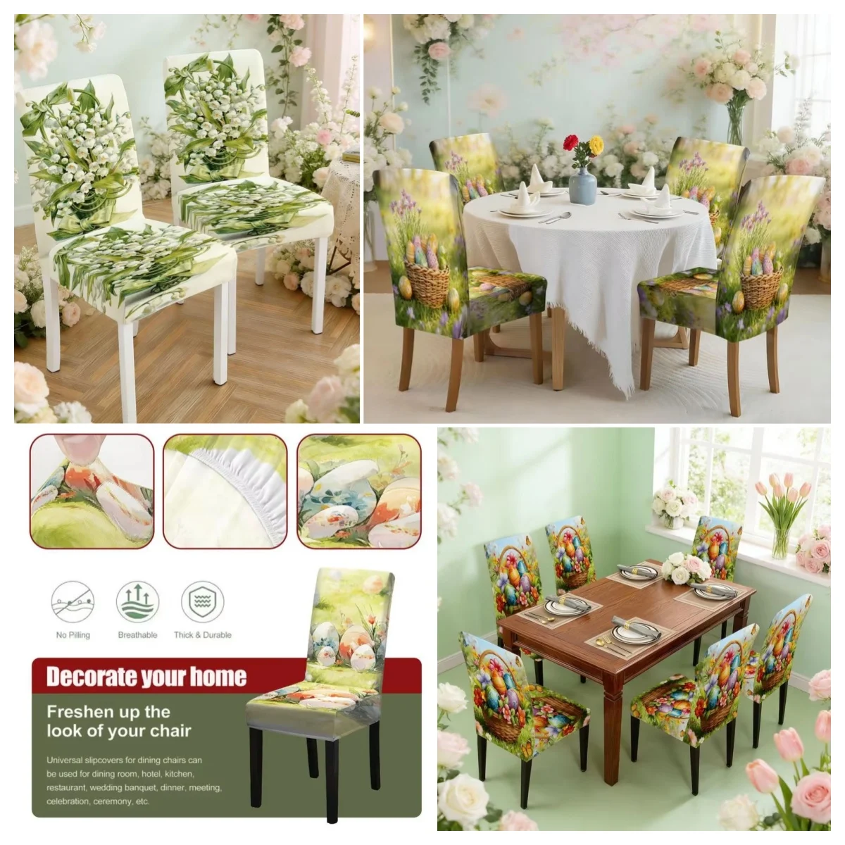2/4/6 PCS Easter Bunny Egg Print Elastic Stretch Dining Chair Covers Set Flat Print Chair Protectors for Spring Home Decor