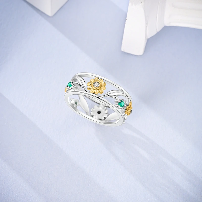 New 925 Sterling Silver Fashion Colorful Heart Belt Iris Sunflower Ring Ladies Fine Engagement Wedding Party Jewelry Gift