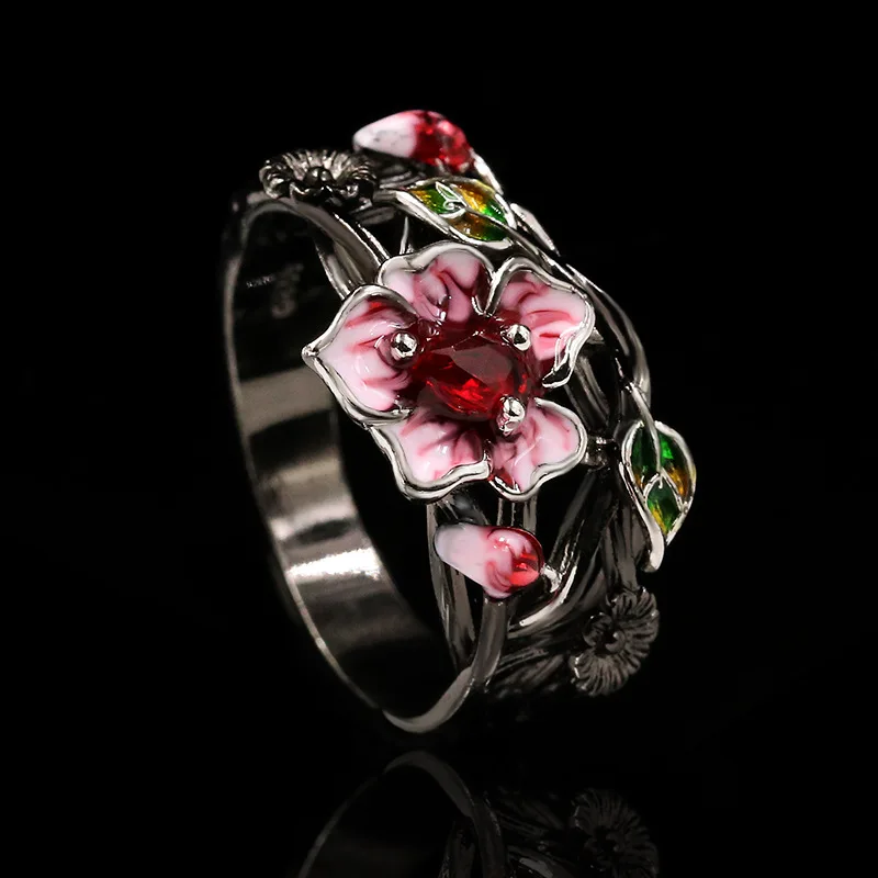 Exquisita joyería para mujer, anillo de plata 925 con flor roja, joyería creativa y elegante para mujer, anillo de boda para asistir al banquete