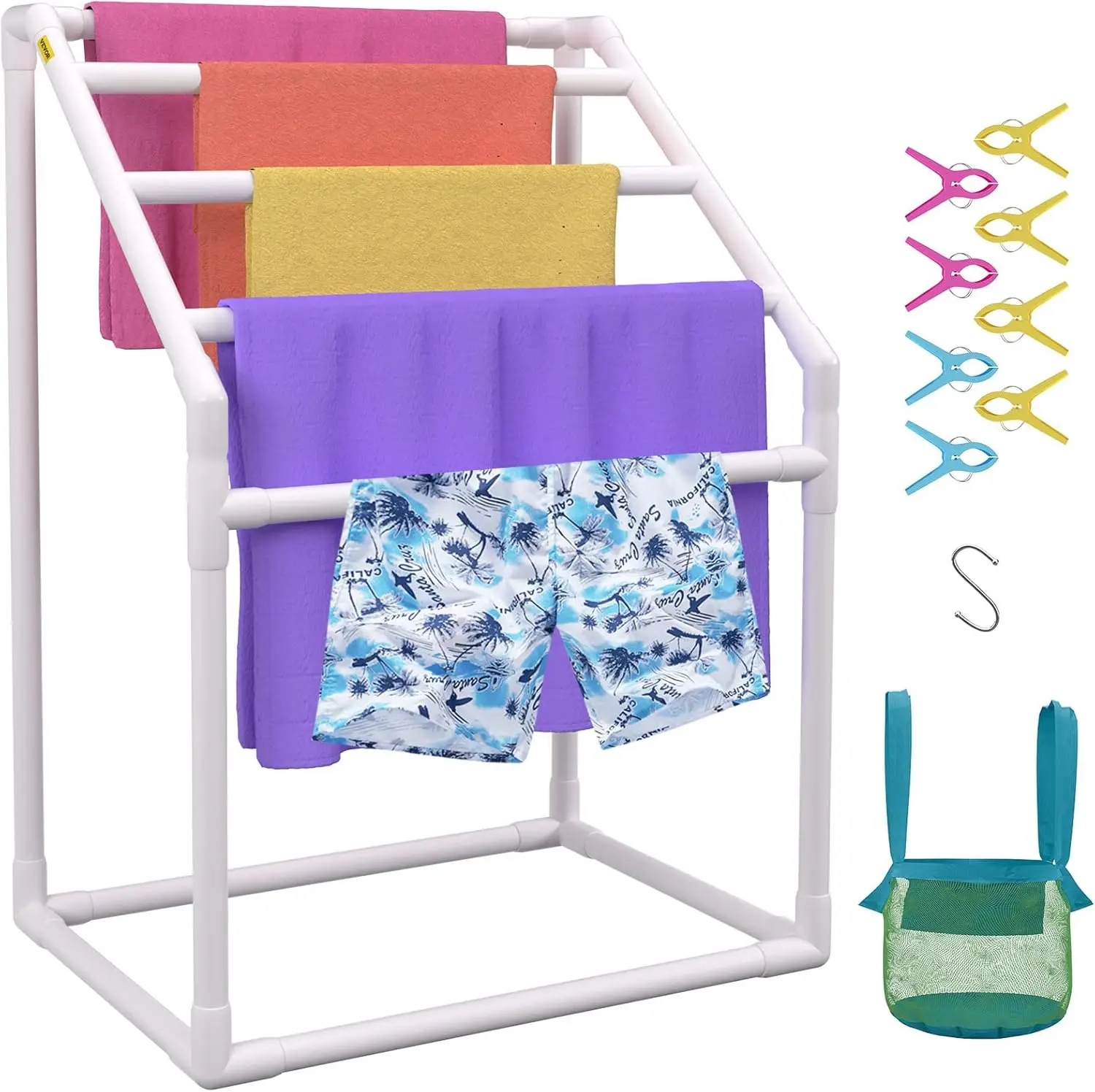 Pool Towel Rack 5 Bar Freestanding Outdoor PVC Trapedozal Poolside Storage Organizer Include 8 Towel Clips Mesh Bag