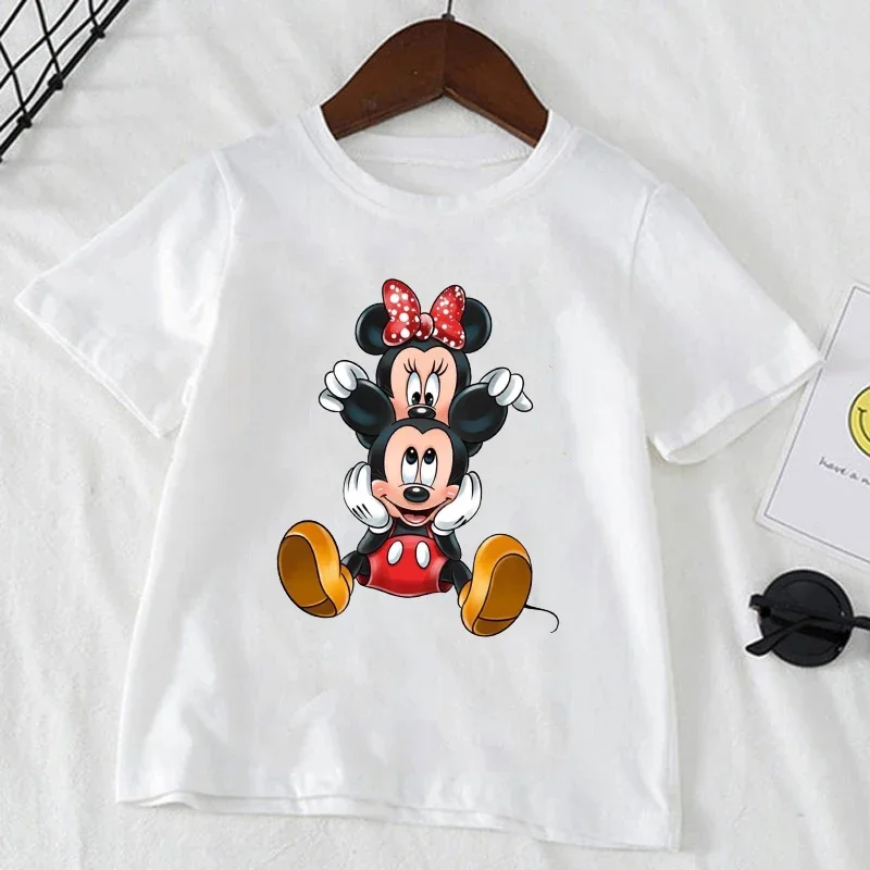 Cute Minnie Mickey Mouse Print Kids T-shirt Summer Short Sleeve White Color Tops Tees Harajuku Boys Girls Disney Tshirts Clothes