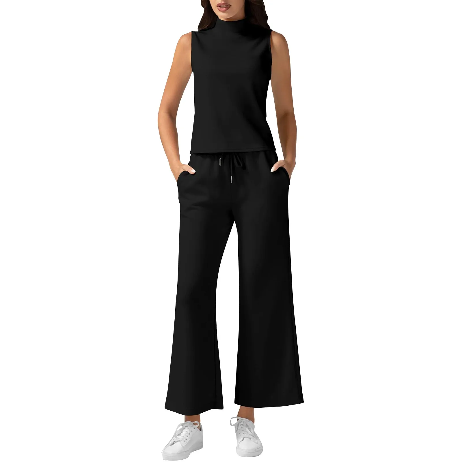 

2025 Summer Two-Piece casual vest short wide-leg pants suit Women'S Turtleneck Straight Vest Tops Drawstring Bootcut Pants Set