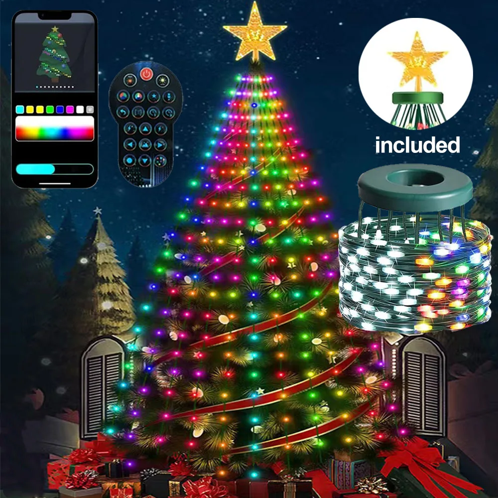 2.4M Christmas Tree String Lights with Ring & Star, Smart Christmas Lights with App and Remote Control for Indoor Outdoor Decor