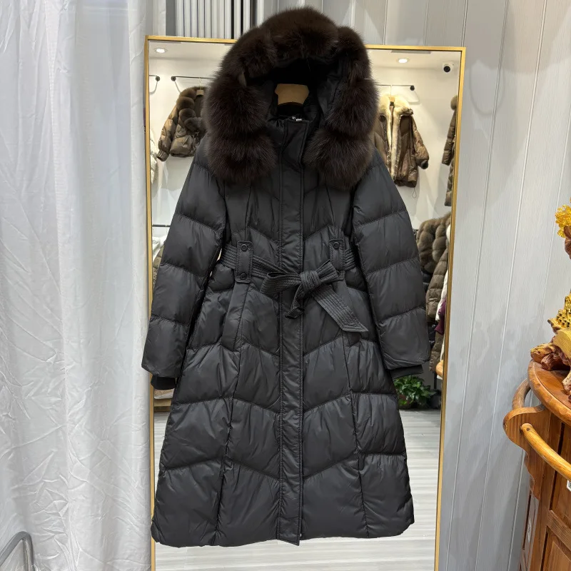 Real Natural Fox Fur Hooded Detachable Collar Belt White Duck Down Coat Winter Down Jacket Women Long Casual Elegant Overwears