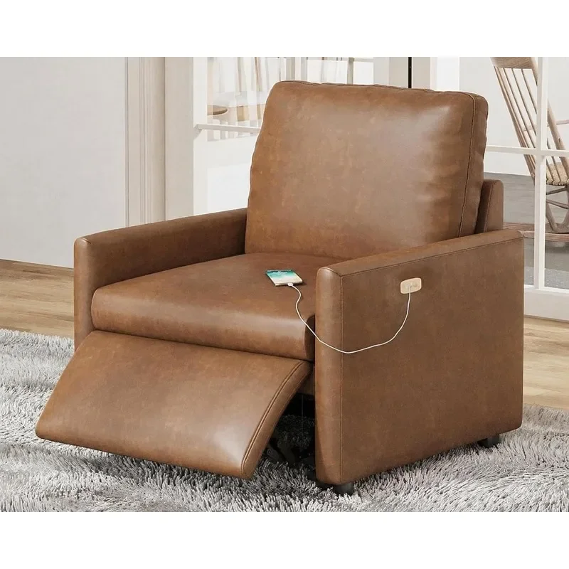 AMERLIFE  Power Recliner Chair, Single Electric Reclining Sofa with USB Charging Port, Leather Recliner for Living Room, Brown