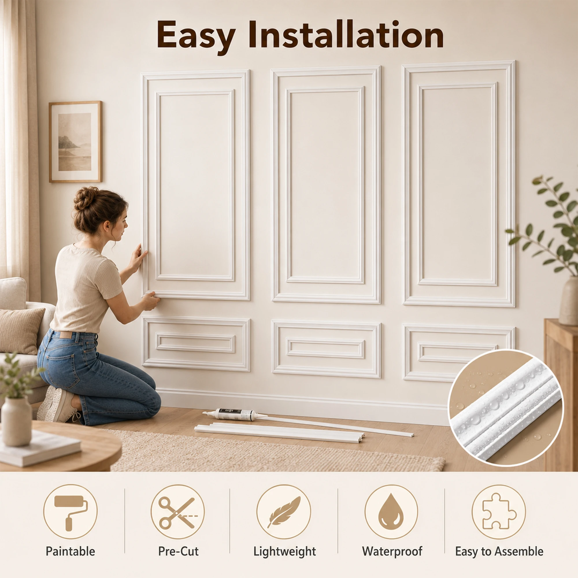 Pre-Cut Wall Molding Kit 3 Sets Ready-to-Assemble Wainscoting Panels, Inner Outer Layer Double Frame Accent Wall Trim Set 48x70 Inch, Peel and Stick Self-Adhesive Wall Decor for Living Room Bedroom Study Home Office