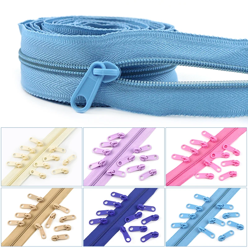 

1-5Sets Meetee 3# Colorful Nylon Zipper Roll+Zip Head Clothing Decoration Zippers Pocket Zips Repair Kit DIY Sewing Accessories