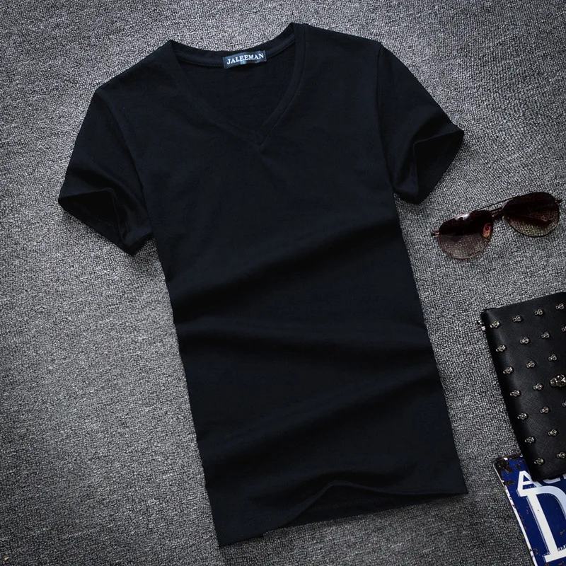 Fashion Summer Men T Shirt Cotton V Neck Short Sleeve Fitness Tshirt Solid Men Tee Tops Casual Mens Streetwear Plus Size S-5XL