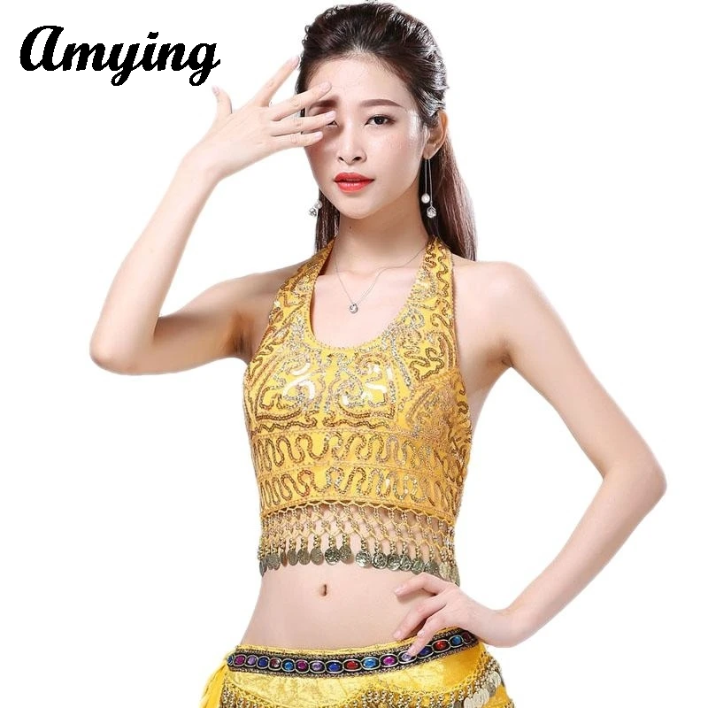 

2024 New Women Shiny Hang Coin Stage Tassel Top Sequin Performance Dress Wrap Chest Sparkly Belly Dance Bra Ladies Dancer Wear