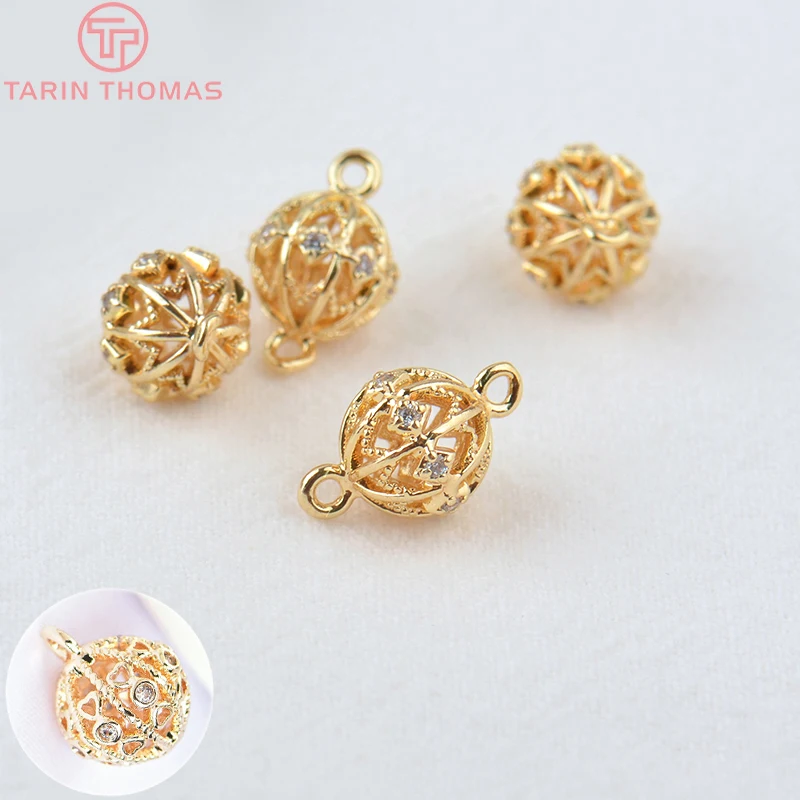 (2746)6PCS 9x14MM 24K Gold Color Brass with Zircon Round Beads Connector Charms High Quality Diy Jewelry Findings Accessories