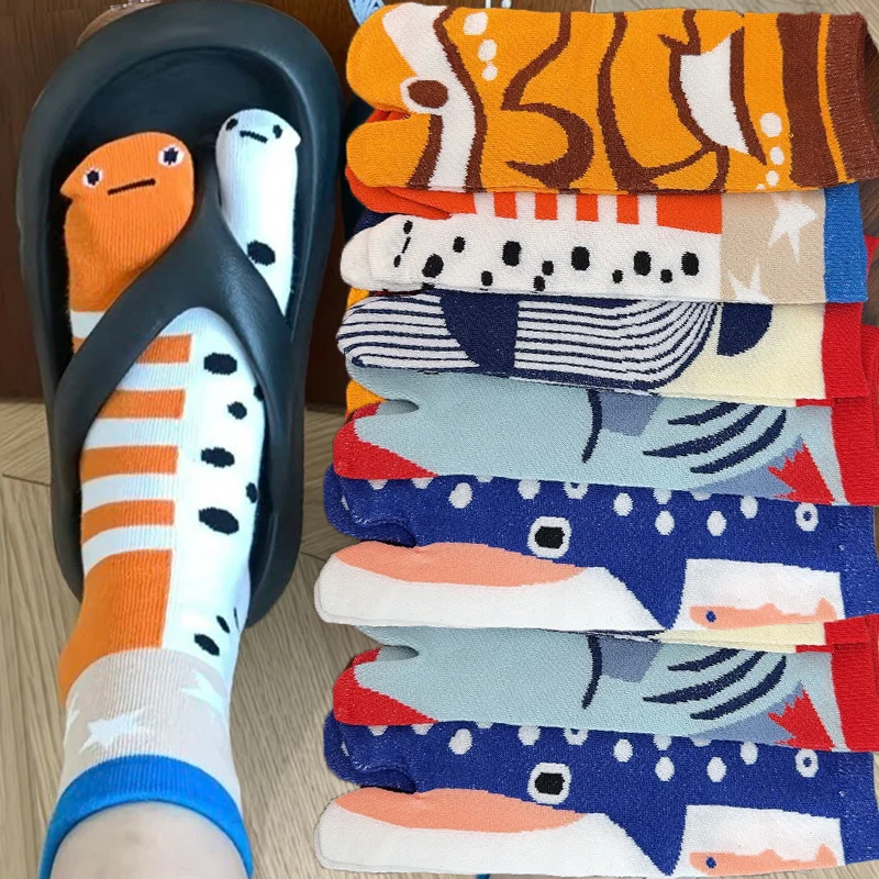 1/5Pairs Split Toe Socks for Men Women Summer Socks Mid Calf Flower Eel Aquarium Print Couple Matching Novelty Stockings Gifts