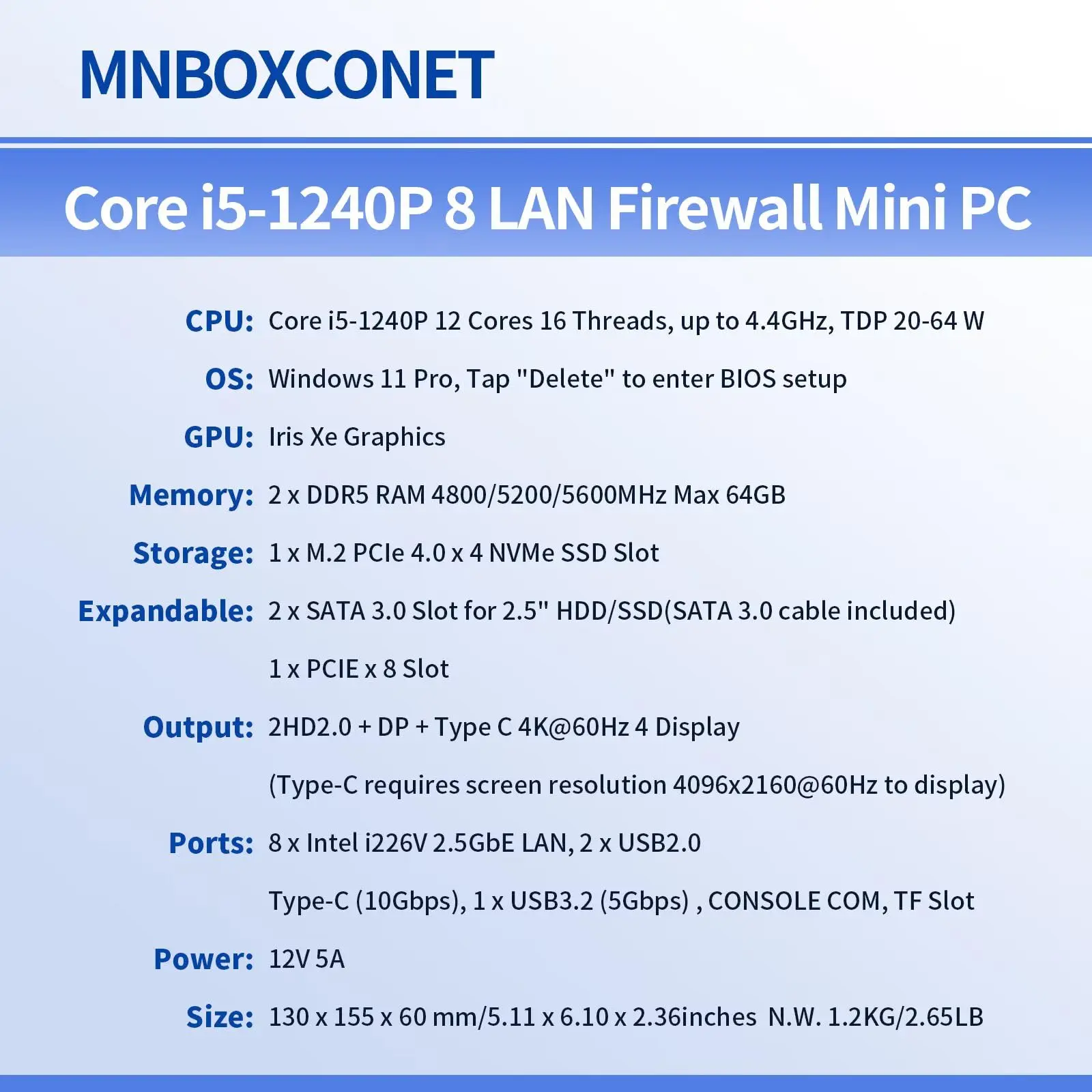 MNBOXCONET Mini PC Computer U300E (up to 4.3GHz), 8 Port I226V LAN, Firewall Appliance Hardware Micro Desktop,TypeC 4K Win 11Pro