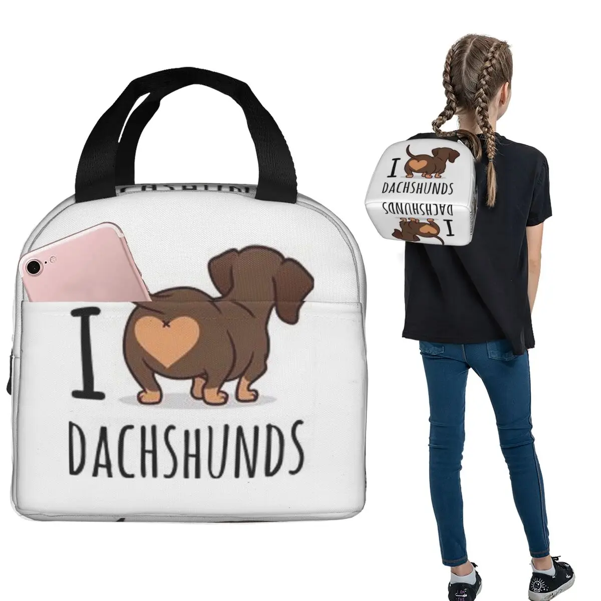 

Cute Dachshund Print Insulated Lunch Bag for Women Kids Portable Food Boxes Thermal Lunch Box Tote