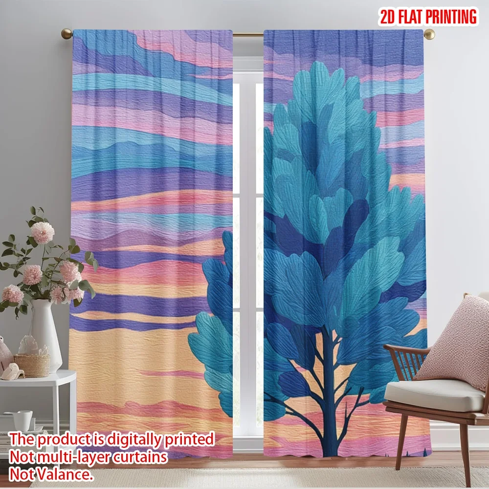 

2pcs 2D flat printing Window Curtains Blue Pine Tree Sunset Sky 100% Polyester Without Electricity Holiday Decorations for