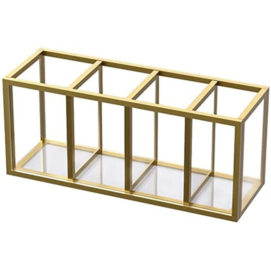 

Acrylic Pen Holder 4 Compartments, Gold Copper Border Pencil Organizer Cup for Countertop Desk Accessory Storage