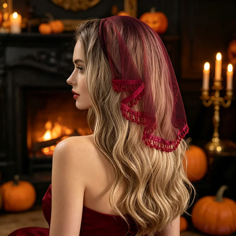Handmade Tulle Headband With Beaded Tassel Vintage Crystal Beads Mesh Veil Hair Hoop Halloween Headscarf Hairbands Hair Band