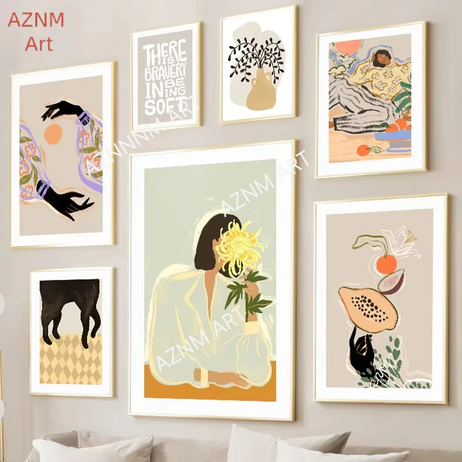 Abstrakte Mädchen Hand Obst Blume Blatt Vase Wand Kunst Leinwand Malerei Nordic Poster Und Drucke Wand Bilder Für Wohnzimmer Dekor