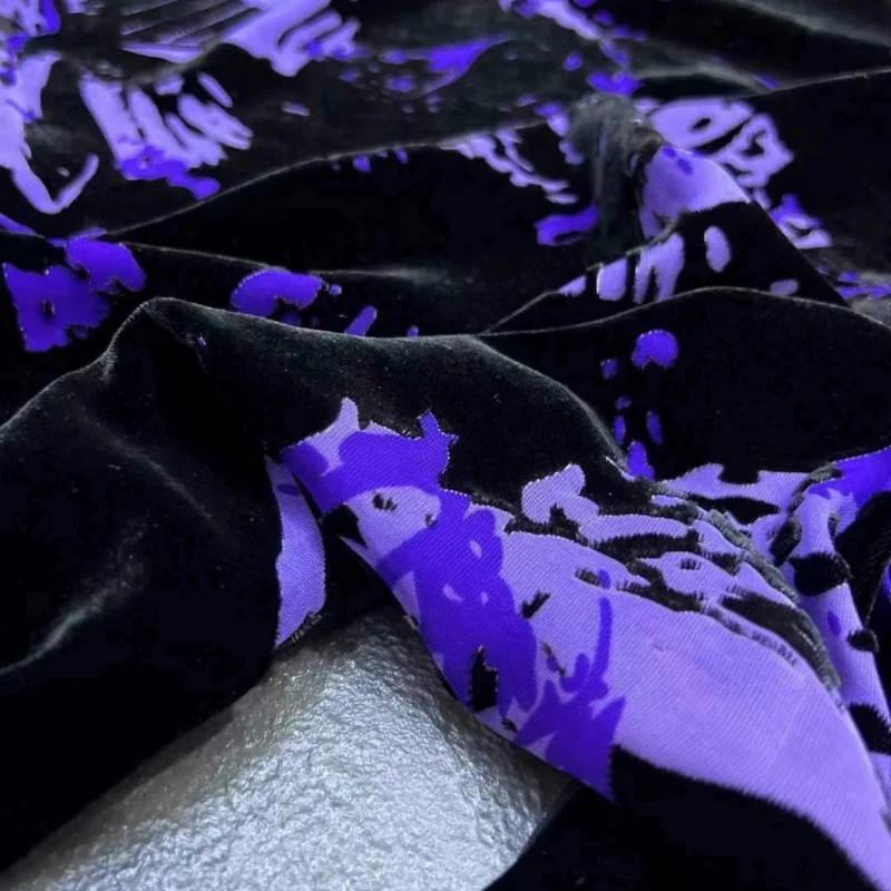 Blue Purple Butterfly Silk Burnout Velvet Fabric Flocked Floral 3D Textured New Chinese Style for Qipao Dress Skirt DIY Sewing