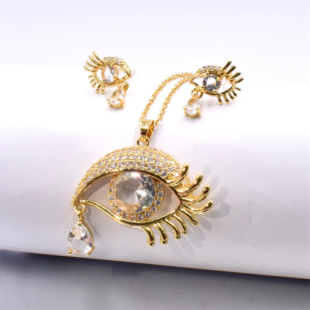 AILINFA New Evil Eye Zircon Set Eyelash Eyedrops Zircon Luxury Full Zircon Multicolor Eye Earrings Necklace Jewelry Set