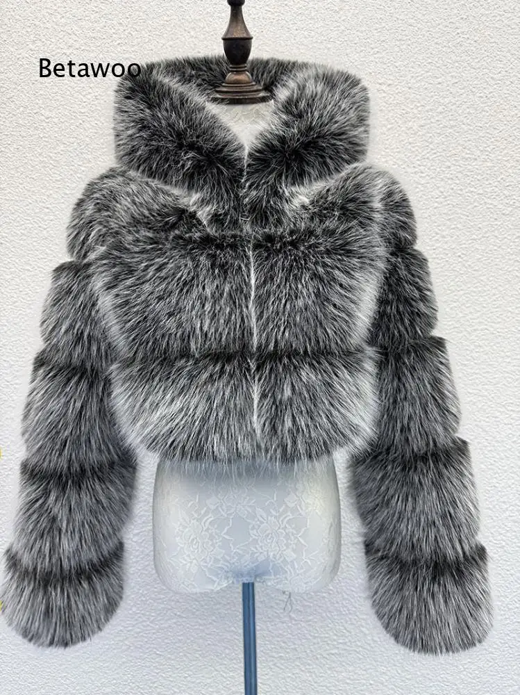 Women Solid Thick Faux Fur Short Jacket Hooded Long Sleeve Plush Cropped Coat For Autumn Winter Daily Travel And Party Wear