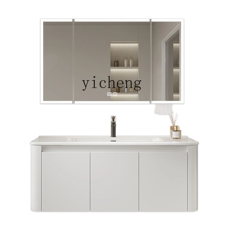 

ZC cream wind integrated wash basin bathroom cabinet combination space aluminum mirror cabinet wall-mounted washing cabinet