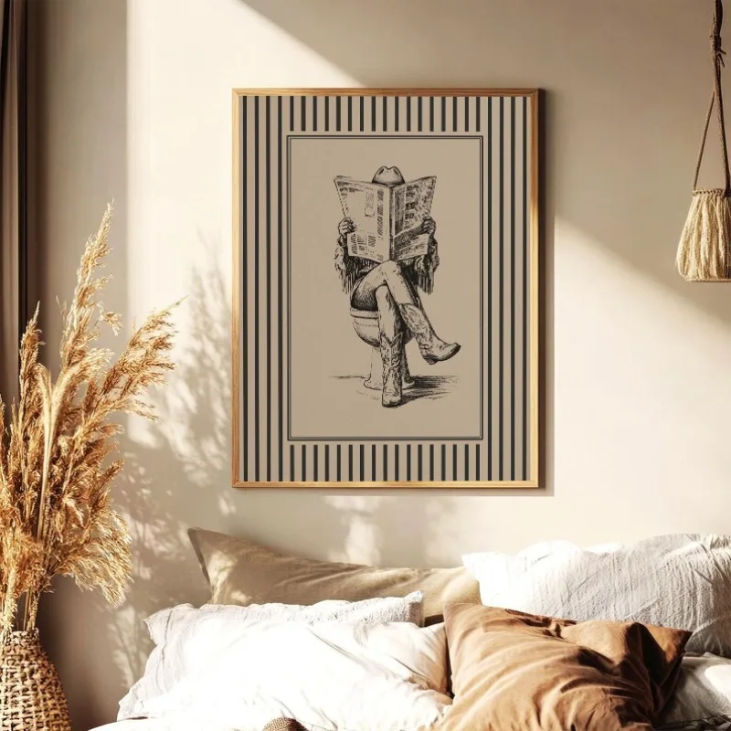 Vintage Cowgirl Reading Newspaper Western Surfer Horseshoe Sketch Poster Canvas Painting Wall Pictures Home Farmhouse Decor