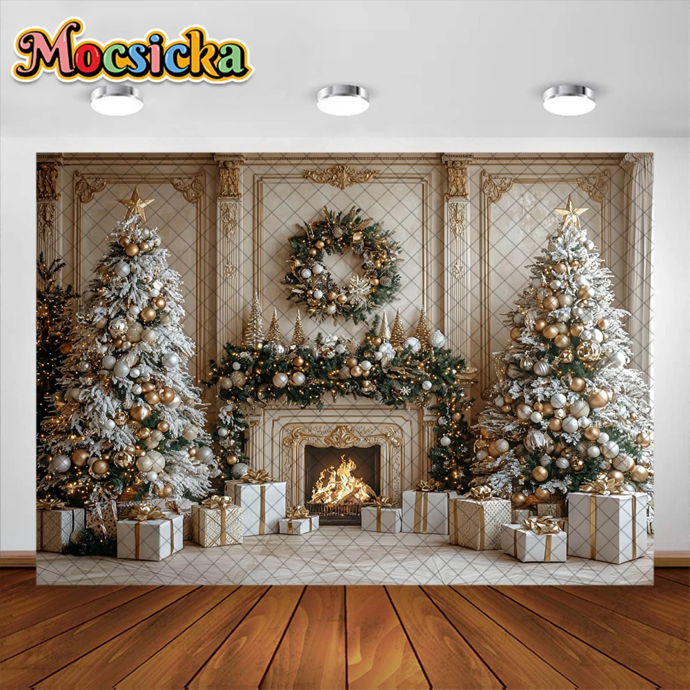 Christmas Photography Background White Xmas Tree Fireplace Holiday Decoration Children Photo Portrait Backdrops Studio Props