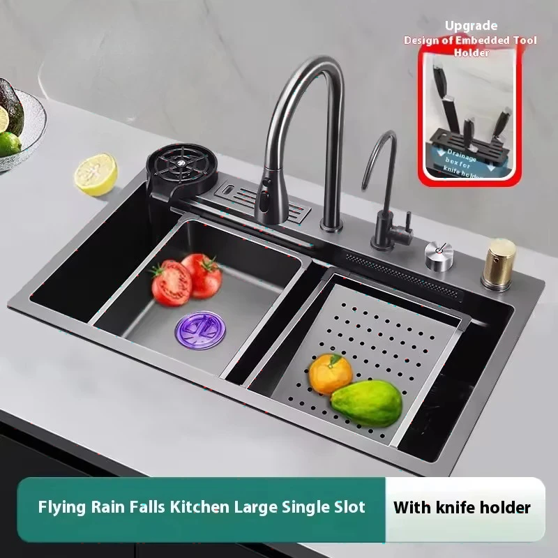 Factory Direct 2026 Handmade 201/304 Stainless Steel Single Bowl Undermount Kitchen Sink Rainfall Faucet Knife Holder