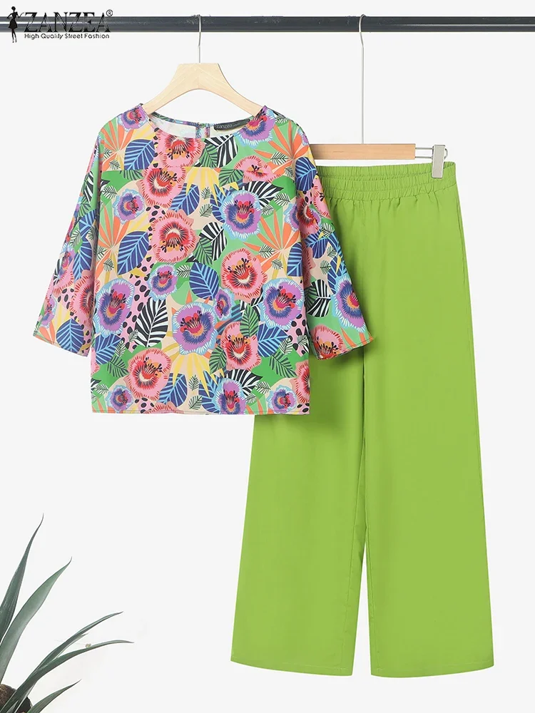 

2025 Autumn Pants Sets Women Printed Outfits 3/4 Sleeve Ankle-Length Trousers Suits Elastic Waist Casual Loose Matching Sets