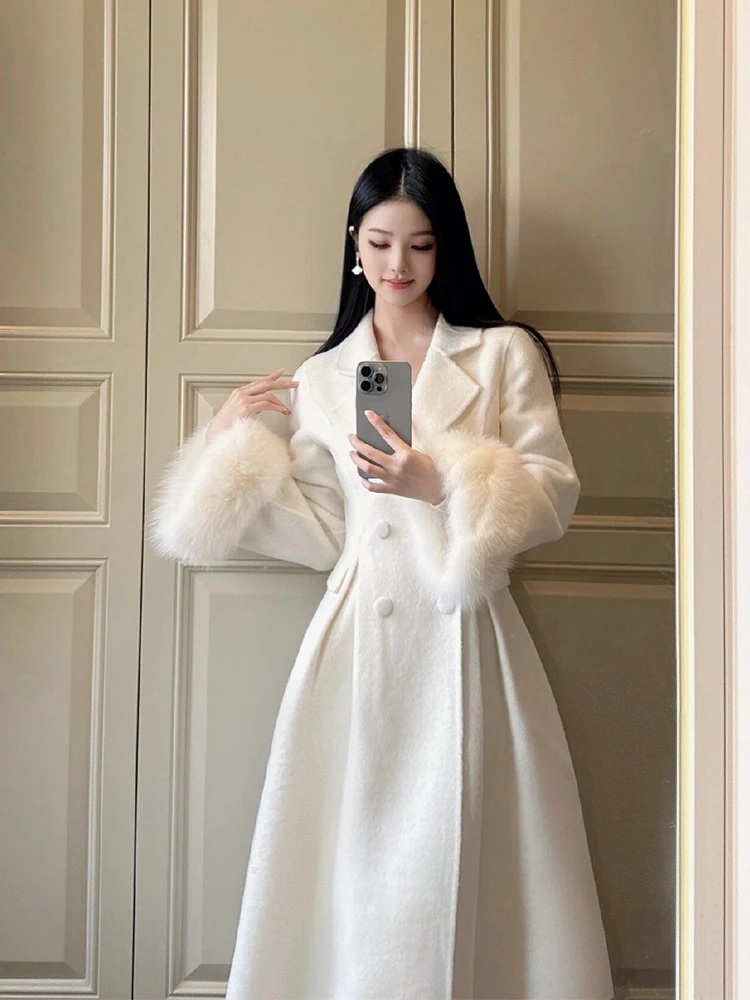 

Large Size Vintage Hepburn Sle Woolen Coat Women's Winter Faionable Ladies' Long Medium Length Tweed Coat Korean Sle