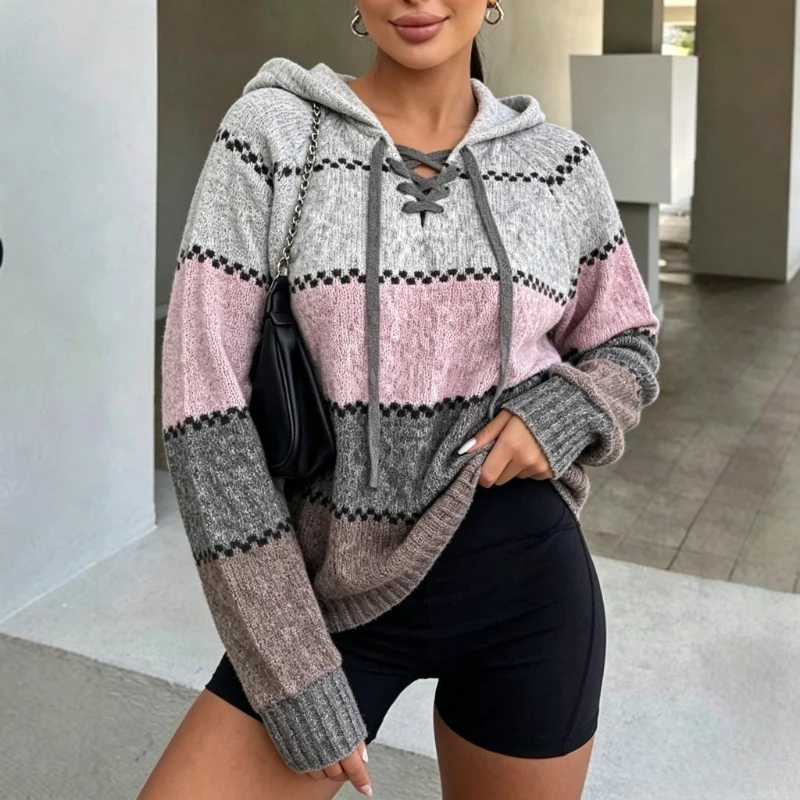 Spring Autumn Casual Loose Women Pullovers Fashion Long Sleeve Knitted Plaid Hooded Women Elegant Clothes New Store Discount