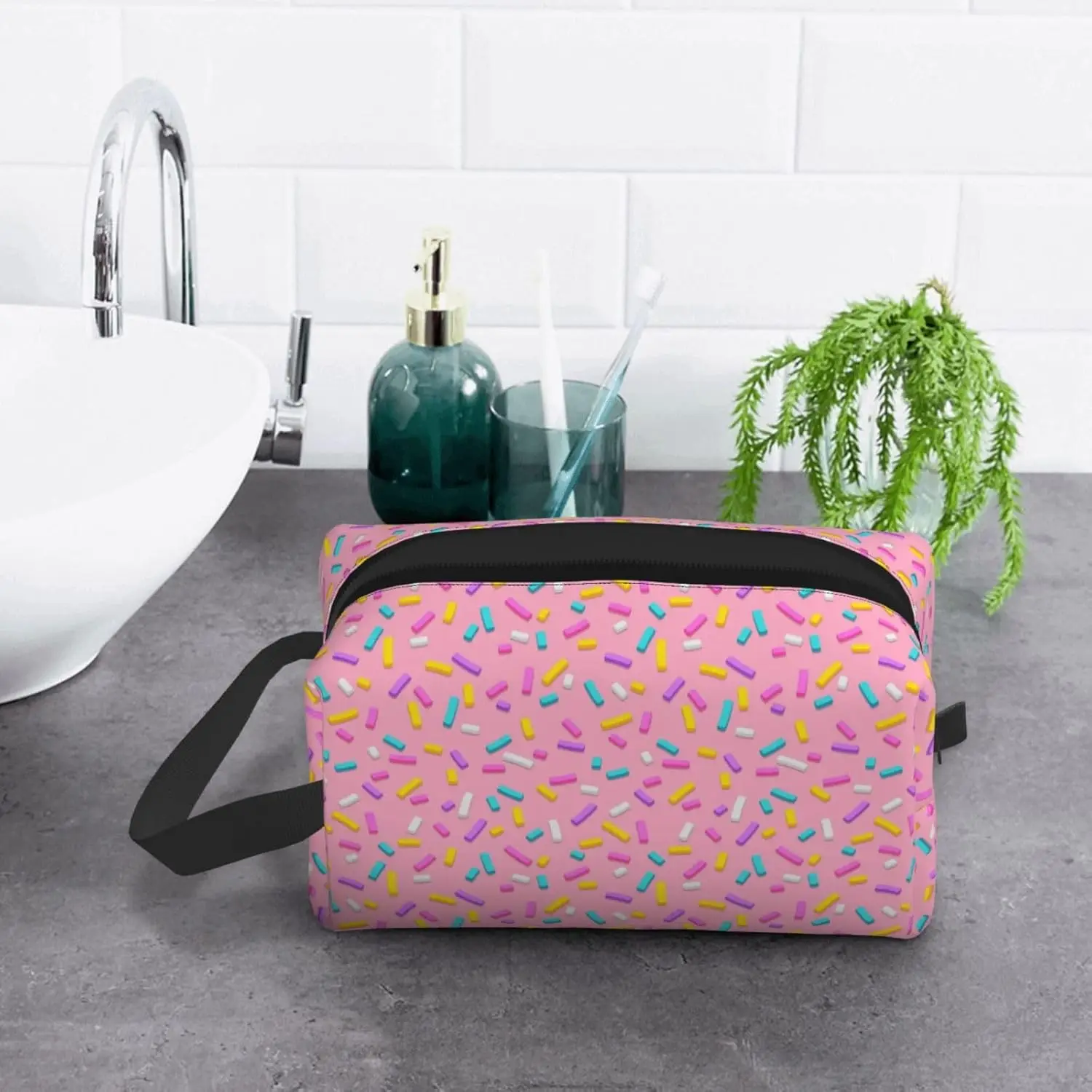 Sweet Pink Decorative Sprinkles Travel Toiletry Bags Cosmetic Bags with Hanging Makeup Bag for Women Men
