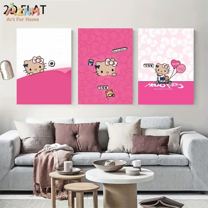 Unframed Hello Kitty Canvas Wall Art Cute Brown Kitty Pink Background Cartoon Poster Girls Bedroom Decor Gift For Sanrio Fans