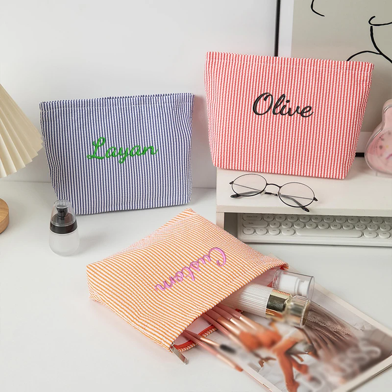 Customised Embroidery/Standard Style 2 Options, Bubble Gauze Striped Makeup Bag, Storage Pouch, Back-to-School Season image 6