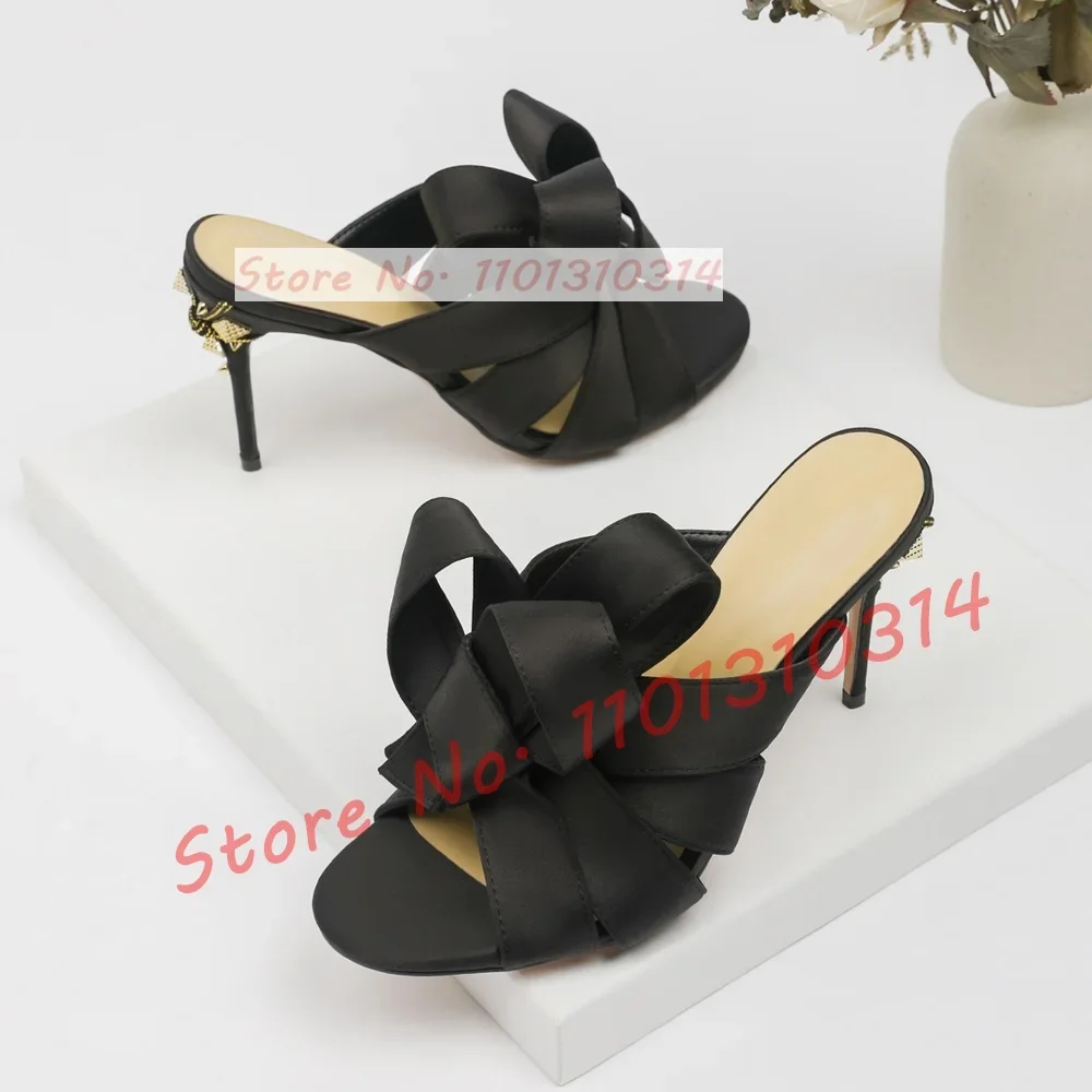 Red Ribbon Knotted Mules High Heels Women Chic Open Toe Gold Rivet Embellished Satin Slippers Female Outdoor Foldover Shoes