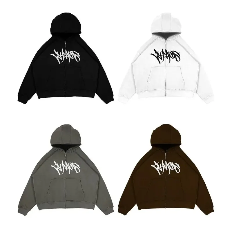 

High Street Trend Streetwear Men Gothic Punk Letter Print Overside Sweatshirt 2025 Retro Y2K Harajuku Casual Zipper Hoodie Women
